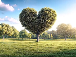 Vibrant heart shaped tree in lush green meadow under sunny sky