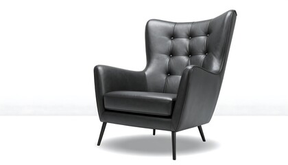 Elegant, dark gray leather wingback armchair with button tufting, set against a white backdrop