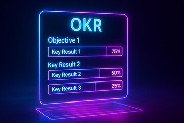 OKR objectives and key results glowing neon dashboard, futuristic business performance tracking visualization, corporate productivity measurement chart with progress bars, digital strategy management 