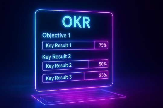 OKR objectives and key results glowing neon dashboard, futuristic business performance tracking visualization, corporate productivity measurement chart with progress bars, digital strategy management 