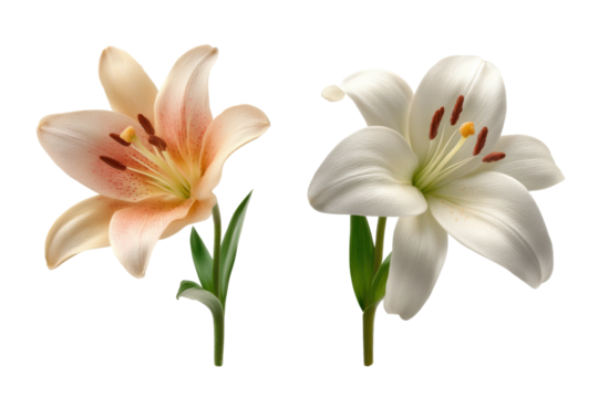 Close-up of two elegant lilies: peach and white blooms with green stems, cut out