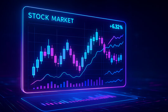 Stock market trading chart glowing futuristic digital screen, financial analytics graph with rising trend line, cryptocurrency and forex investment interface neon hologram, economic growth finance tec