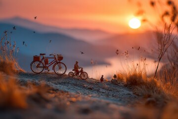 Exploring the serene beauty of sunset along a riverbank with friends enjoying a biking adventure in the mountains