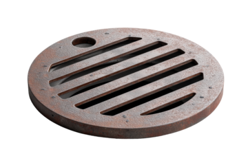 Rusty circular metal grate with slotted design and hole on black background, cut out