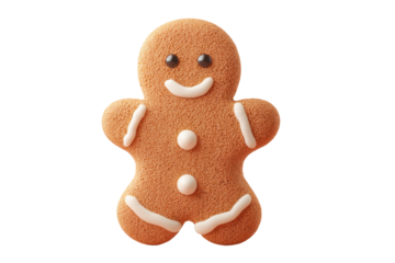 Smiling gingerbread cookie with icing details on black background, cut out