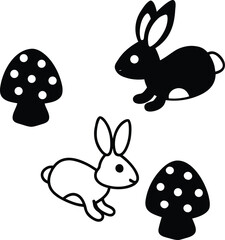 cute bunnies hopping around patterned mushrooms illustration on transparent background