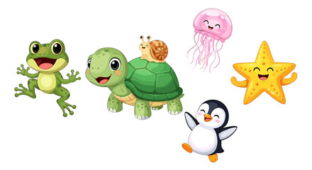 Obraz premium Adorable cartoon frog turtle jellyfish starfish and penguin characters isolated on transparent background