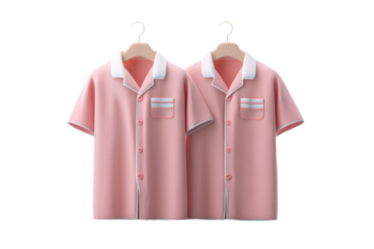 Matching pink button-up shirts on hangers with white collars and pockets, cut out