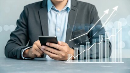 Man in suit using phone with rising graph overlay representing financial growth and market analysis data - Powered by Adobe