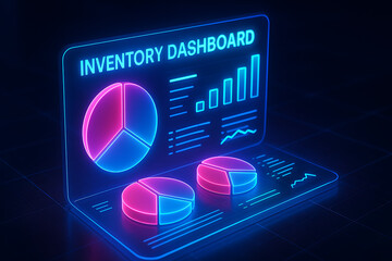 Inventory dashboard neon interface, stock management system with pie charts and bar graphs, warehouse tracking visualization, supply chain data analytics, product control, distribution reporting techn