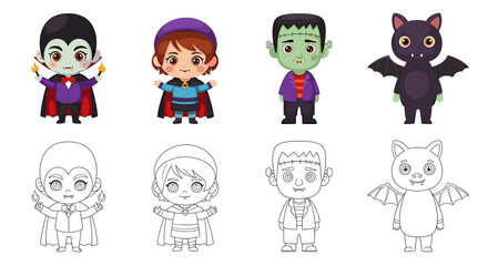 Collection of cute cartoon halloween characters including a vampire frankenstein bat and outline drawings isolated on transparent background