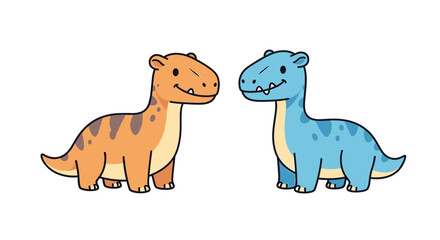 Two adorable cartoon dinosaurs one orange and one blue standing side by side isolated on transparent background