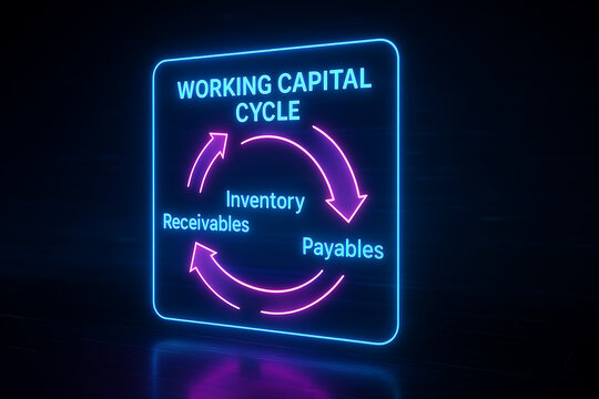 Working capital cycle neon finance diagram, business accounting flow with inventory receivables payables, corporate liquidity management illustration, financial operations cash flow optimization chart