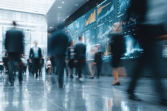 Fast-moving business professionals in an urban setting with digital displays showcasing data analytics and market trends during a busy day in a modern office environment