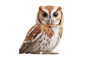 Naklejka premium Portrait of a detailed realistic owl with bright eyes and spotted feathers, cut out