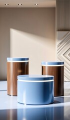 Blue and brown podiums on the ivory background