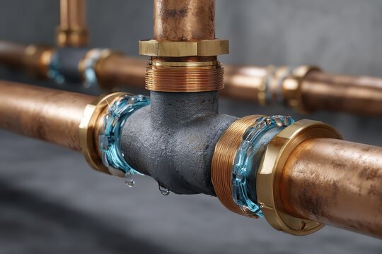 Realistic depiction of pvc, cpvc, pex, and copper water supply pipes with intricate fittings and droplets in a modern setting