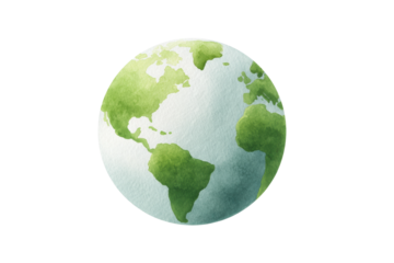 Watercolor earth illustration with green continents and blue oceans, cut out
