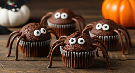 Spooky spider cupcakes topped with chocolate legs and candy eyes.