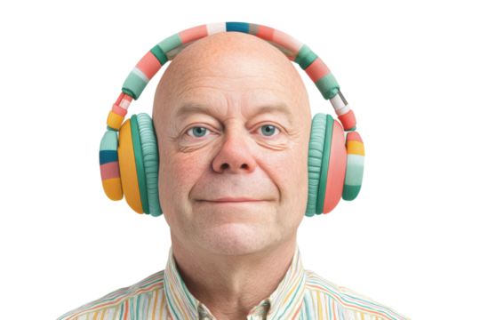 Elderly caucasian male wearing colorful headphones and striped shirt, cut out