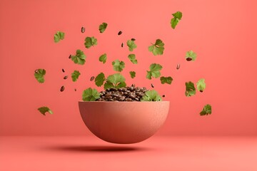 Witness a delicious 3D burrito bowl hovering vibrantly before a stunning coral-pink background. Digital delight.