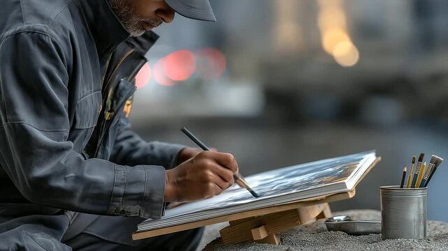 A solitary artist their hands smudged with charcoal sketches the sunset on a rooftop a sketchpad&rsquo;s pages creased under their fingers. A wooden easel its legs scuffed stands