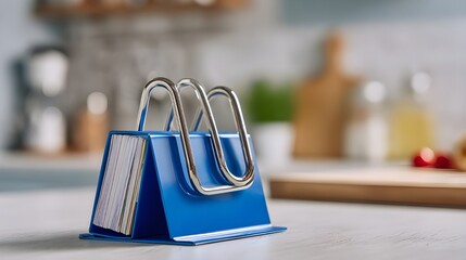 Organize your kitchen with a cobalt blue clipped recipe holder. Stylish and functional cooking aid.