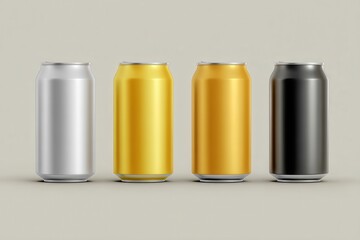 Metal cans in a row showcasing various colors on a neutral background perfect for product display or packaging inspiration