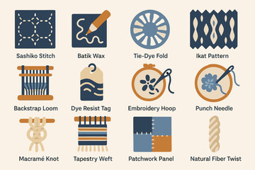 Textile craft techniques: sashiko, batik, tie-dye, ikat, weaving, embroidery, knots, patchwork