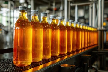 Bottling process of alcoholic beverages at a modern factory facility with rows of filled containers on a production line