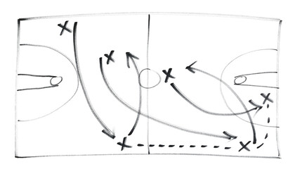 Basketball play tactics strategy drawn isolated on white background, hand draw black marker, clipping path	