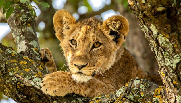 Lion cub in a tree