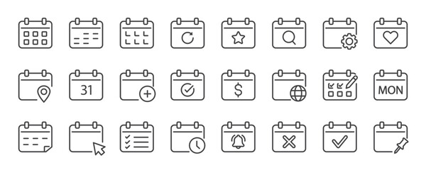 Calendar, agenda, planner outline icons set with editable stroke isolated on white background. Flat vector illustration. Pixel perfect. 64 x 64.