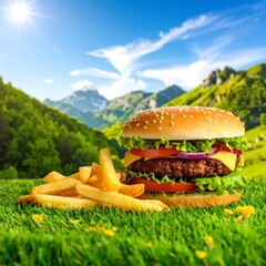 Juicy burger and fries on grassy meadow against a backdrop of mountains