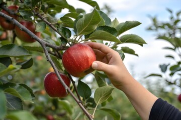 White female hand holds on fresh ripe red apple from apple tree. Traditional collecting organic fruit. Apples hanging from tree branch on orchard. Season harvesting. Woman picking apple in garden. 