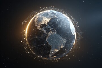 Futuristic vision of Earth glowing with network connections and bright landmasses, showcasing technological advancements and a global perspective on connectivity