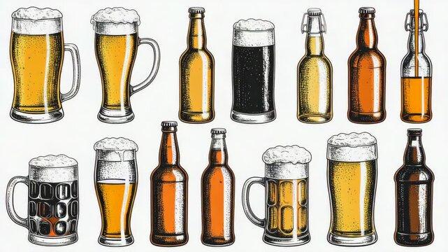 Collection of beer glasses and bottles, amber ale, lager, stout with foam and condensation, hand drawn vector design elements.