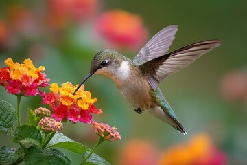 Naklejka premium Rubythroated hummingbird feeding on colorful lantana blossoms in a vibrant garden during the early morning sunlight