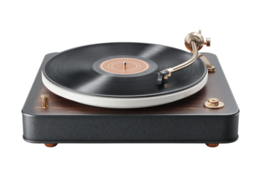 Vintage turntable with vinyl record on wooden base and brass accents, cut out