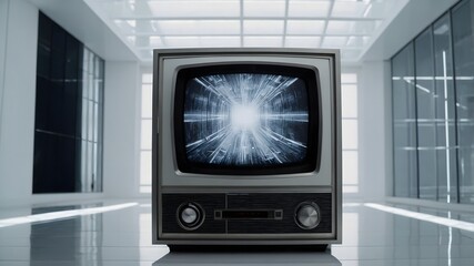Fototapeta premium Old analog TV with black and white screen, retro style technology concept 