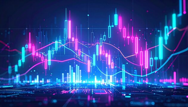 Neon stock chart glows with pink peaks and blue valleys over circuit board surface