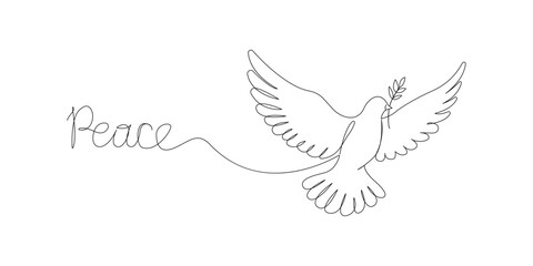Single line drawing of peace dove with olive branch and text isolated on a white background