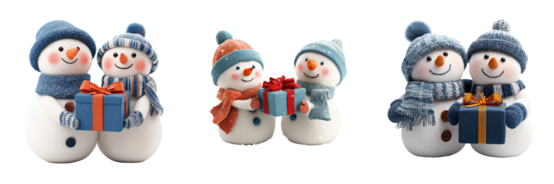 Set of Happy snowman couple with cozy woolen scarves wrapped around their necks on transparent png background. Ai generated - Powered by Adobe