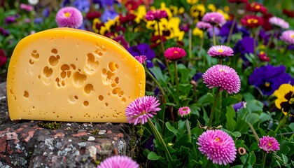 Hole-filled cheese block rests on a stone, amidst colorful flowers, in an outdoor setting