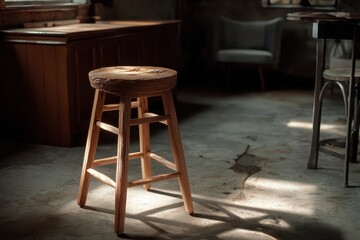 Empty stool stands alone in a sunlit room, highlighting rustic decor and quiet ambiance during a warm afternoon