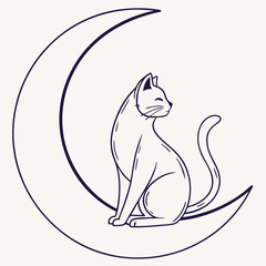 A minimalist line art illustration of a sleek cat sitting gracefully on a crescent moon a serene and enchanting nocturnal scene