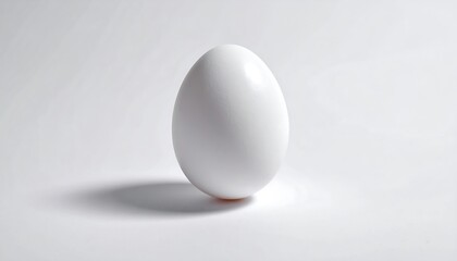 Solitary white egg standing upright casts a subtle shadow against a pale background