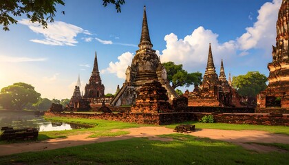 Ancient temple ruins, brick buildings, and pointed spires bathed in warm sunlight