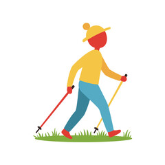 Cartoon character with determined mood practicing nordic walking in flat design style in yellow, blue, and red colors for fitness and health