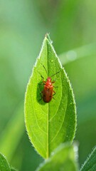 Red insect on green leaf